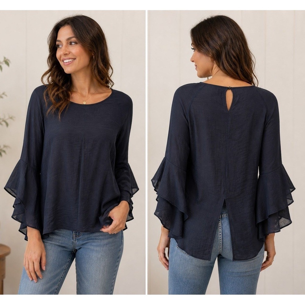 LC Lauren Conrad India Ink Petal Sleeve Blouse Navy Blue S Dark Fairy Feminine